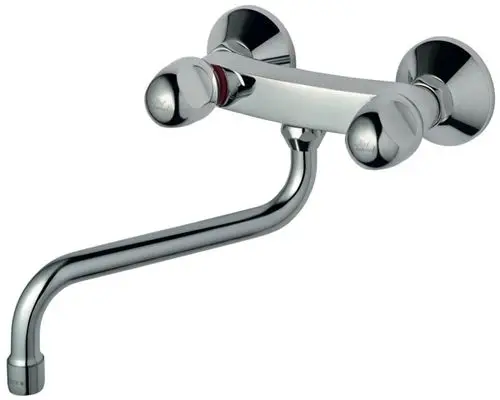 Chromene Küchenarmatur mit zwei Steuerknöpfen und einem langen, gebogenen Auslauf. Ideal für moderne Küchen.